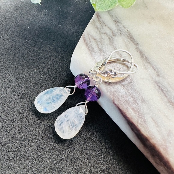 Moonstone and Amethyst Earrings Sterling Silver Lever Back Dangle - Picture 5 of 10